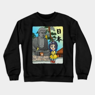 Cute cartoon girl and her cat visit the Great Buddha Crewneck Sweatshirt